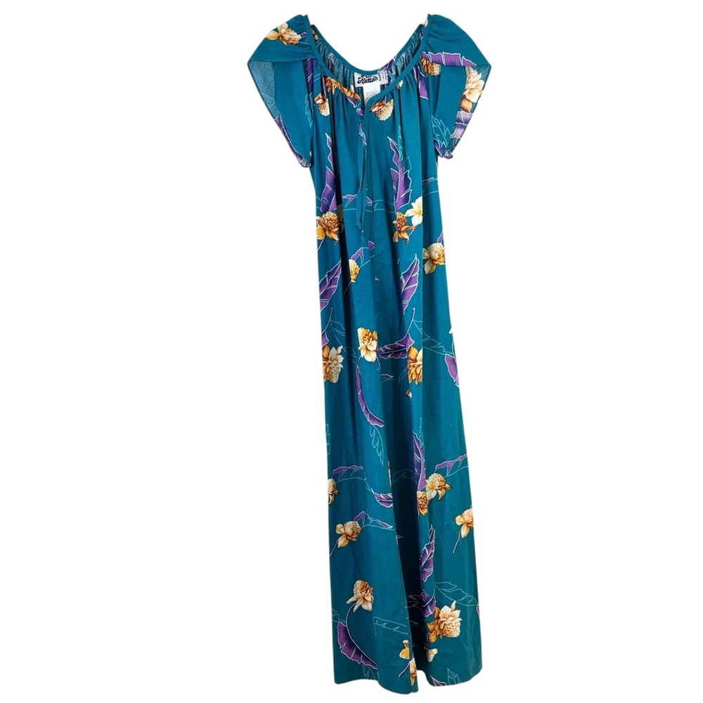 Hilo Hattie’s Vintage Floral Teal Green Maxi Dress S Tropical